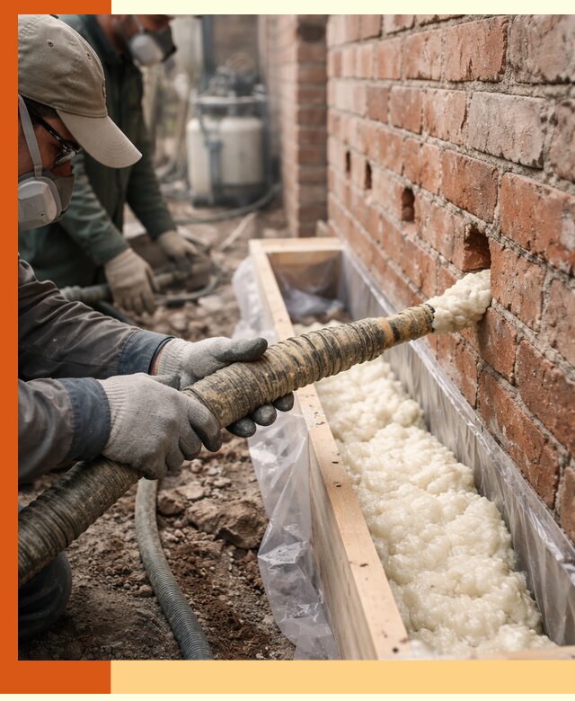 Заливка ППУ в пустоты кирпичной стены в Юрге