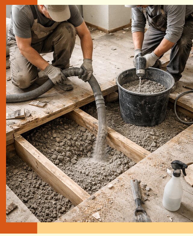 Заполнение пустот пола в Юрге полиуретаном и пенополистиролом