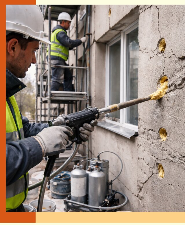 Заполнение пустот в фасаде и утепление стен в Юрге